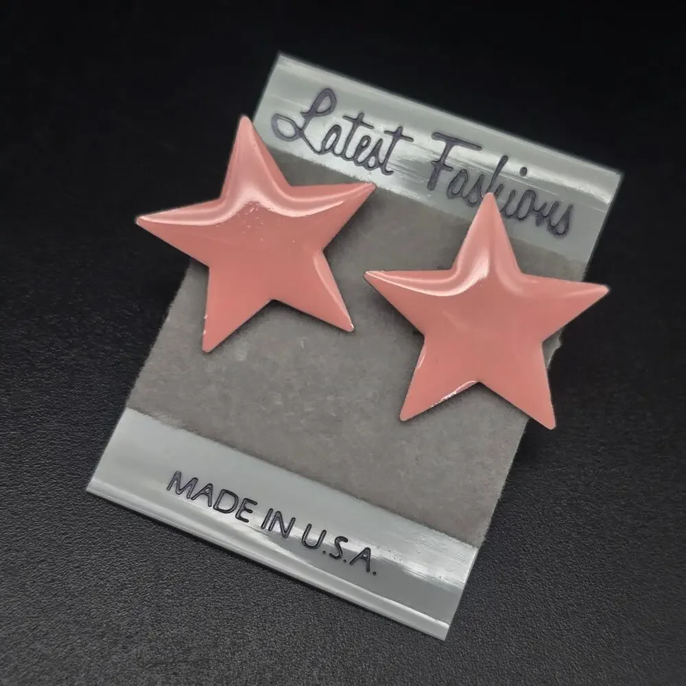 Pink Enamel Star Stud Earrings Vintage 1980s Made in USA
